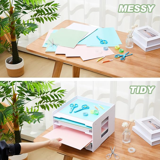 Juexica 4 Tier Scrapbook Paper Trays Organizer 12.6 x 12.6 x 8.3 Inch Stackable Paper Storage for Desk Desktop File Organizer for Home Office Classroom Decorations