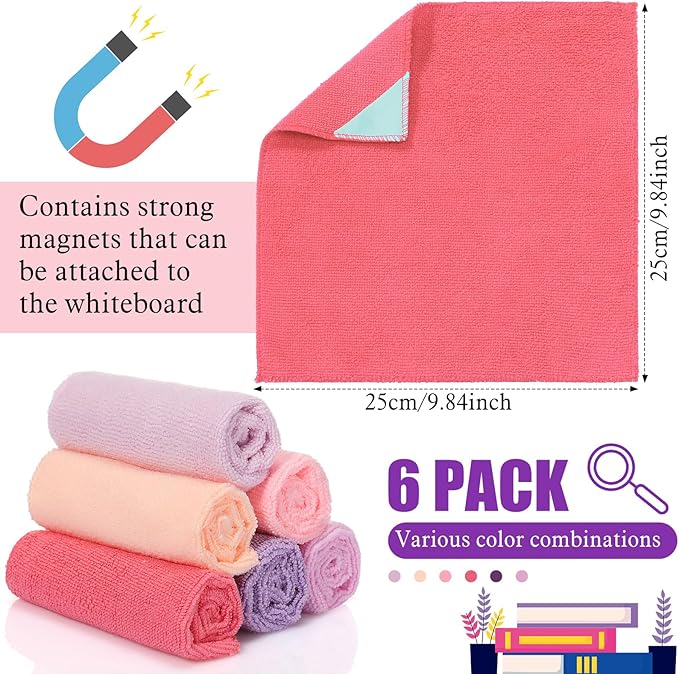 Fanfanwin 6 Pack Magnetic Microfiber Cleaning Cloth, Colorful Whiteboard Dry Erase, Magnetism Whiteboard Eraser for Blackboards Classroom Chalkboards Washable Home Office 10'' x 10''(Pink Color)