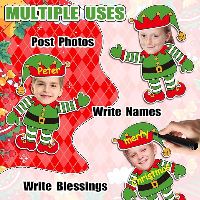 FYSUIMU 90 Pcs Christmas Elf DIY Cutouts Cut-Outs Xmas Cartoon Elf Paper Cutting with 150 Pcs Glue Points for Crafts Party Classroom Bulletin Board Photo