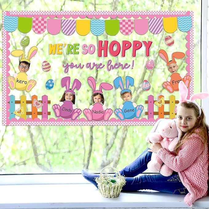 Easter Bulletin Board Set Egg Bunny Cutout DIY Picture Frame Crafts We are So Hoppy You are Here Bulletin Board Set Spring Easter Holiday Teacher School Door Wall Chalkboard Supplies