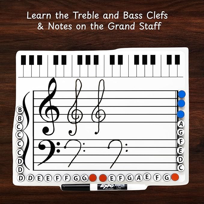 Kits Grand Staff Dry Erase Magnetic Music Theory Board with 35 Note Magnets and Marker (9 x 11.5 Inches) - Piano Teaching Tool, Music Staff Whiteboard, Keyboard Practice Aid