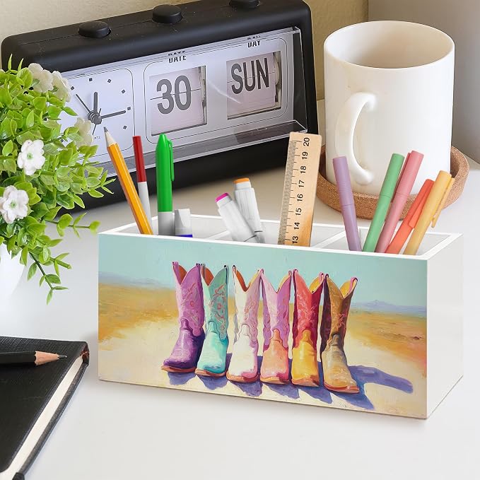 Western Cowgirl Boots Pen Holder, Rustic Country Western Office Pen Pencil Holder Organizer for Desk Accessories, Cowgirl Gifts Wooden Box Desk Decor for Home Office Desk Decorations