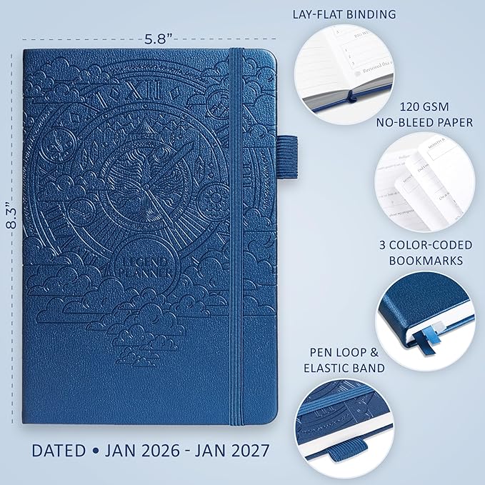 Legend Dated Hourly Weekly Planner 2026 – Daily, Monthly & Yearly Agenda with Time Slots – Hardcover Organizer Journal, 5.8x8.3” (Mystic Blue)