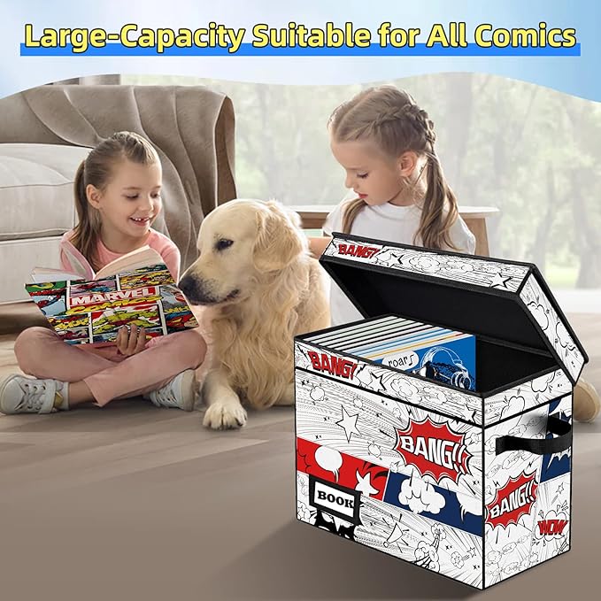 10 Pack Comic Book Storage Box, 15.8" X 7.8" X 11.8", Heavy Duty Collapsible Holds 160-180 Comic Book Bin Container Holder Shelf (Cartoon Clock)