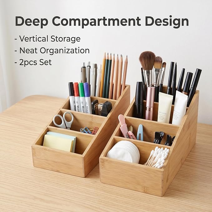 2 Pack Bamboo Snack Organizer for Kitchen, Cabinet, Office,countertop, Wood Food Pantry Organizers and Storage for Spices, Snacks, Tea, Coffee, Seasoning Pouches (4 Section)
