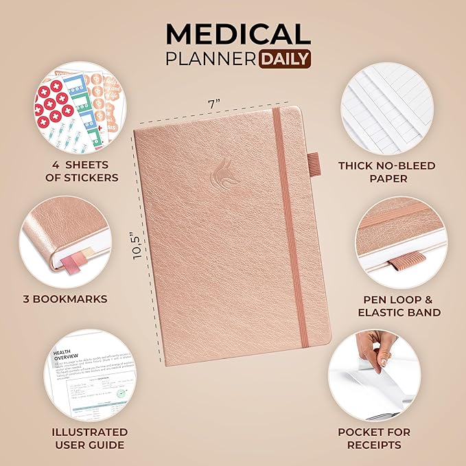 Clever Fox Medical Planner Daily – Health Diary Notebook, Wellness Journal & Self-Care Logbook, Lasts 3 Months, 7x10.5″ (Rose Gold)