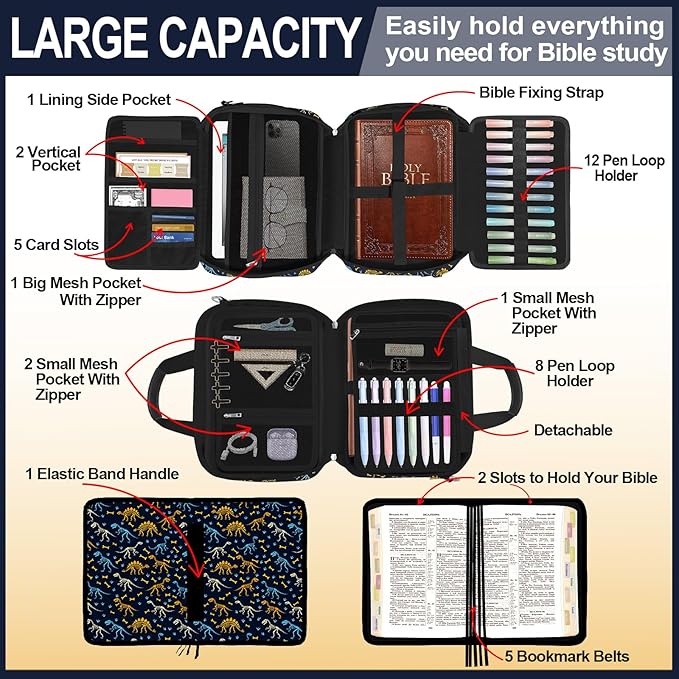 Dinosaur Bible Cover Case for Kids Boys Mens, Large T-rex Bible Carrying Book Case Church Bag Strap Handle Zipper Pocket, Bible Study Supplies Journaling Kit, Highlighters Pens Cross Clips