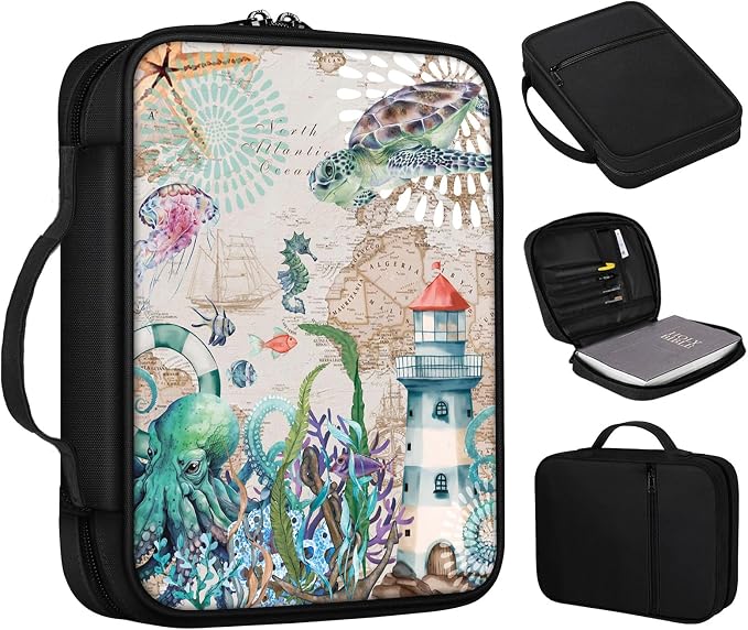 Nautical Sea Turtle Octopus Bible Case with Handle and Zippered Pocket - Standard Size Bible Bag for Women