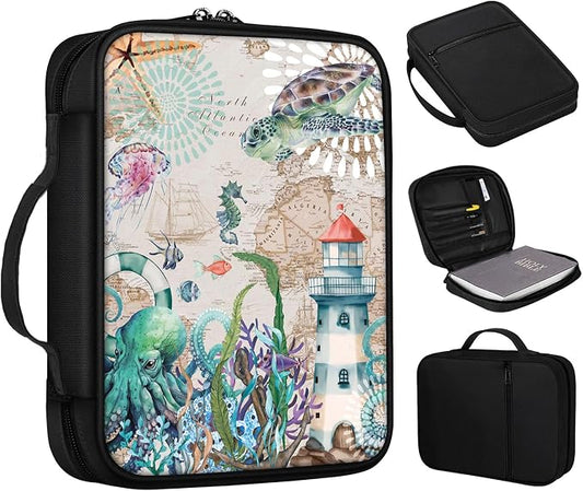 Nautical Sea Turtle Octopus Bible Case with Handle and Zippered Pocket - Standard Size Bible Bag for Women