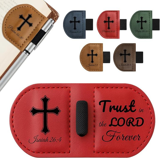 Bygone Mark Personalized Magnetic Leather Bookmark with Pen Holder - Inspirational Bible Verse Scripture Design, Custom Book Marker for Book Lovers Men Women (Red-Isaiah 26:4)