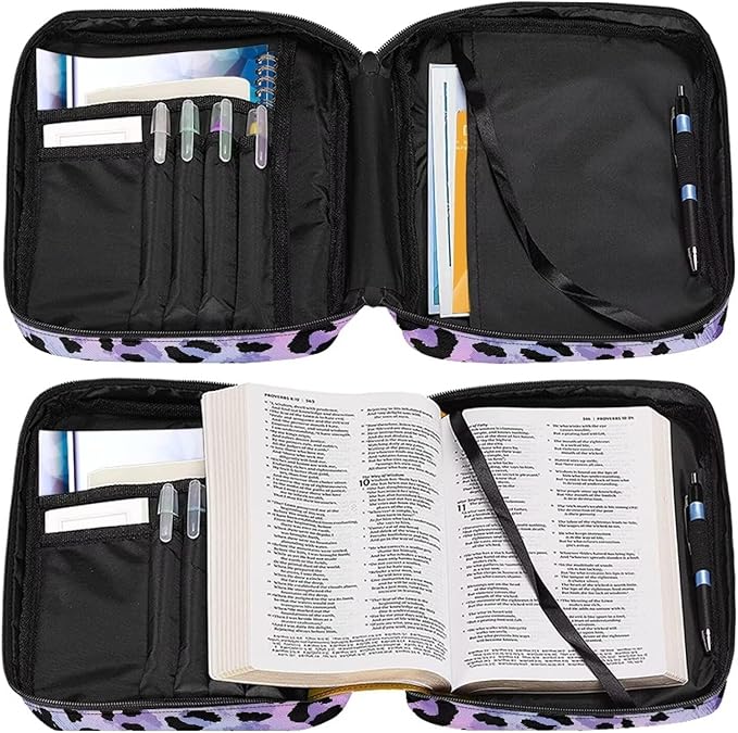 Classic Leopard Bible Covers for Women Men Zippered Bible Carrier Book Bag Church Bag Bible Protective with Handles Christian Gifts, Purple Animal Cheetah Print