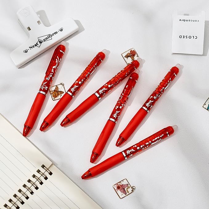 6 Pcs Retractable Erasable Pens, Colored Gel Red Ink Pens Clicker with Erasers, 0.5mm Fine Point Smooth Writing Pen for Journaling Note-Taking Crossword Puzzles Supplies (Red)