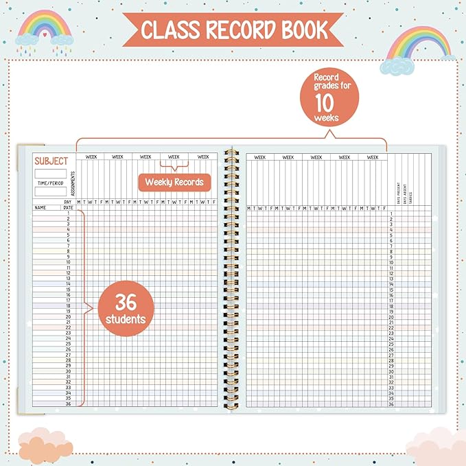 Teacher Record Book Spiral Bound Teacher Grade Book with Metal Corner Protector, 100gsm Thick Paper, Waterproof Thick Cover, Favors Gift Gradebook for Teachers Double-Sided Color Printing 8.3''x11.4''