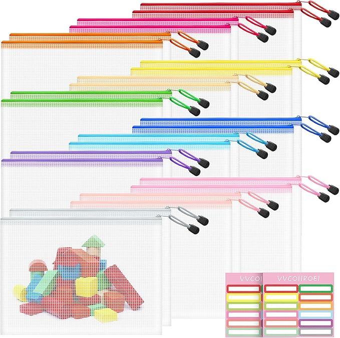 24pcs Mesh Zipper Pouch Bags, B5 Zipper Pouch, Mesh Bags with Zipper, Plastic Zipper Pouches, 12 Colors Zipper Pouches for Organizing, Puzzles, Travel, School Office Organize
