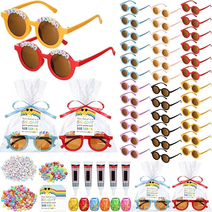 Kanayu 24 Sets End of Year DIY Sunglasses Kit for Class Souvenirs Gifts, Graduation Party Decorations with Beads, Encouraging Cards and Gift Bags DIY Name Sunglasses Students Graduation Return Gift