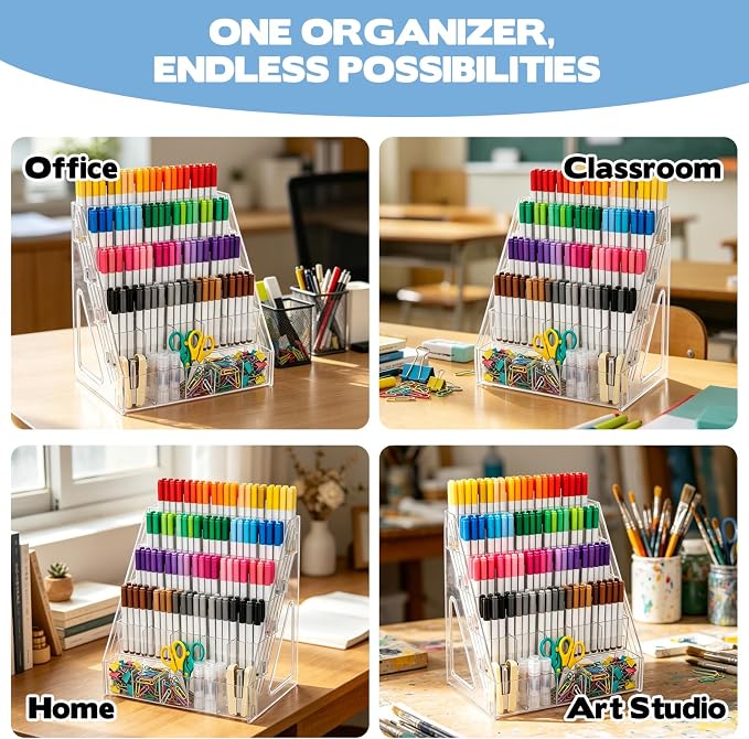 YEXEXINM 5 Tier Acrylic Desk Organizer with 25 Compartments Clear Pen Holder for Pens Pencils Markers and Art Supplies Large Capacity Desk Storage Rack for Home Classroom Office and Art Studio