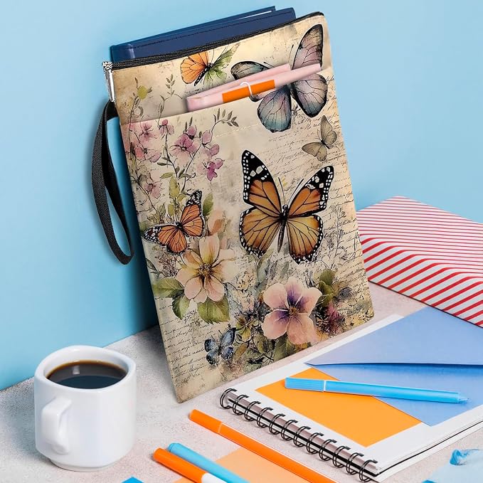 Vintage Floral Butterfly Book Cover, Waterproof Book Sleeve with Zippered Front Pocket Retro Flowers Book Pouch for Book Lovers, Christmas, Birthday, Graduation Gifts (Beige-Butterfly, Large)