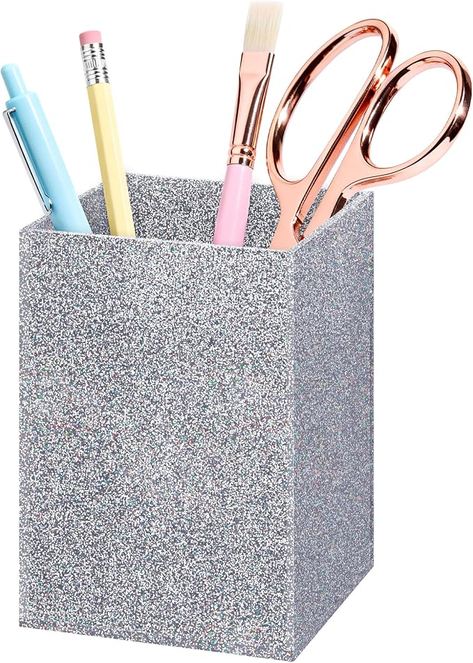 Siler Glitter Acrylic Pen Holder, Acrylic Makeup Brush Storage Organizer, Pencil Pen Holder for Desk, Modern Desktop Accessories for Office School Home Supplies