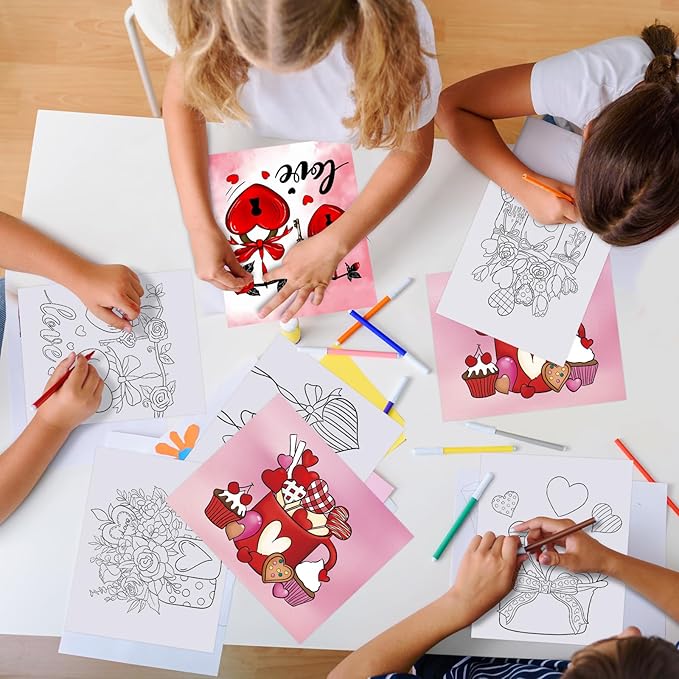 COCHIE 36PCS 8x10 Inches Valentine's Day Coloring Pages for Kids, Bulk Color Your Own Valentine Paper Crafts Classroom Activities Party Favors, Small Coloring Sheets Valentines Gifts
