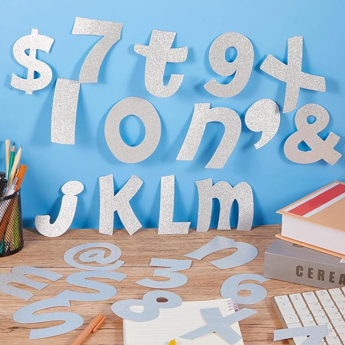 Colarr 216 Pcs Silver Glitter Bulletin Board Letters for Classroom Number Alphabet Punctuation Symbol Cutout 4'' Die-Cut Poster Letter with Adhesive Dot School Party Graduation Decor Display