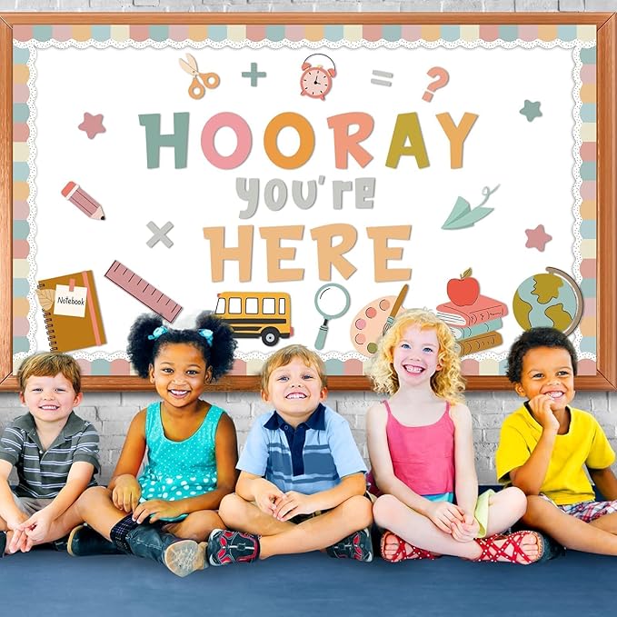 QOUBAI Groovy Bulletin Board Set Hippie Pastel Themed Classroom Welcome Bulletin Board Decoration Stationery Paper Cutout Classroom Decoration for Back to School Office Home Chalkboard Decor Wall Door