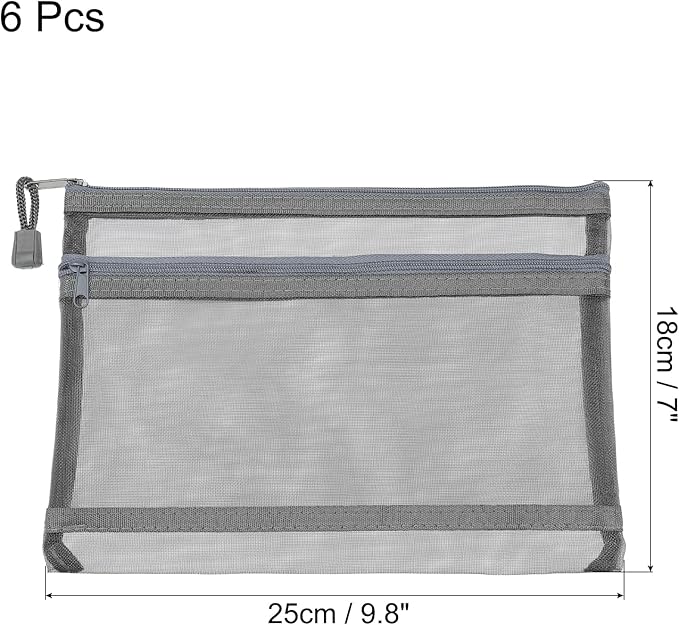 MECCANIXITY Mesh Zipper Bags, A5 Nylon Double Layer Zip File Pouch Storage Organizer Pockets for Travel Office Accessories, Gray Pack of 6