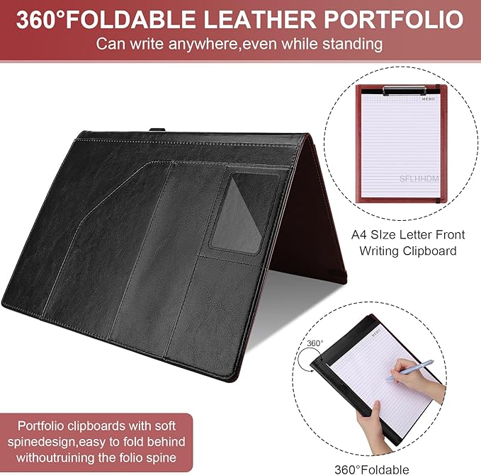 Clipboard Padfolio with Storage Pocket, Clipboard Folder Portfolio Organizer, 360 Degree Foldable Clipboards with Refillable Notepad,Faux Leather Padfolio Organizer for Office School Supplies-Wine Red