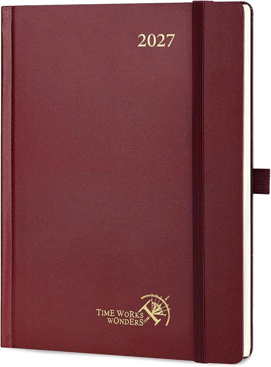 POPRUN 2027 Planner Weekly and Monthly, 6.5" x 8.75" Calendar, Jan 2027- Dec 2027 Agenda, Daily Appointment Book with Hourly Time Slots, Monthly Tabs, Hardcover, 100 GSM - Burgundy