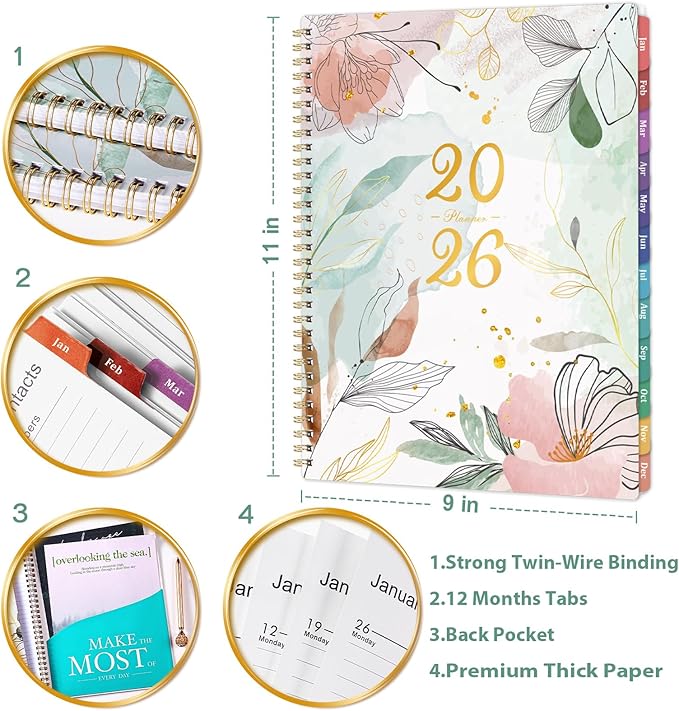 2026 Planner - 2026 Weekly and Monthly Planner, Jan.2026 - Dec.2026, Weekly and Monthly Planner 2026, 9" x 11", Calendar Planner, Colorful Tabs, Back Pocket, Perfect Daily Organizer - Floral
