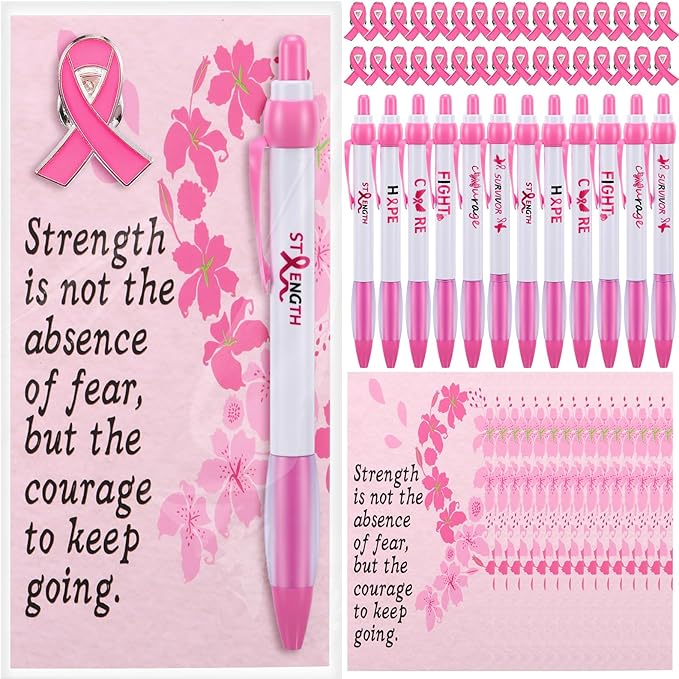 Sherr 240 Pieces Breast Cancer Awareness Accessories Pink Ribbon Retractable Pens Pink Pins with Encourage Cards Breast Cancer Awareness Supplies Inspirational Supplies for Charity