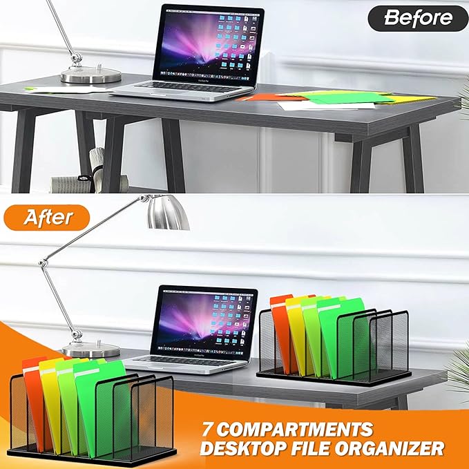 Kuntine.B Desk File Organizer Upright Mesh Desktop Organizer File Sorter Office Organization File Holder for Home, Office & Classroom (Black, 2 Pack 7-Section)