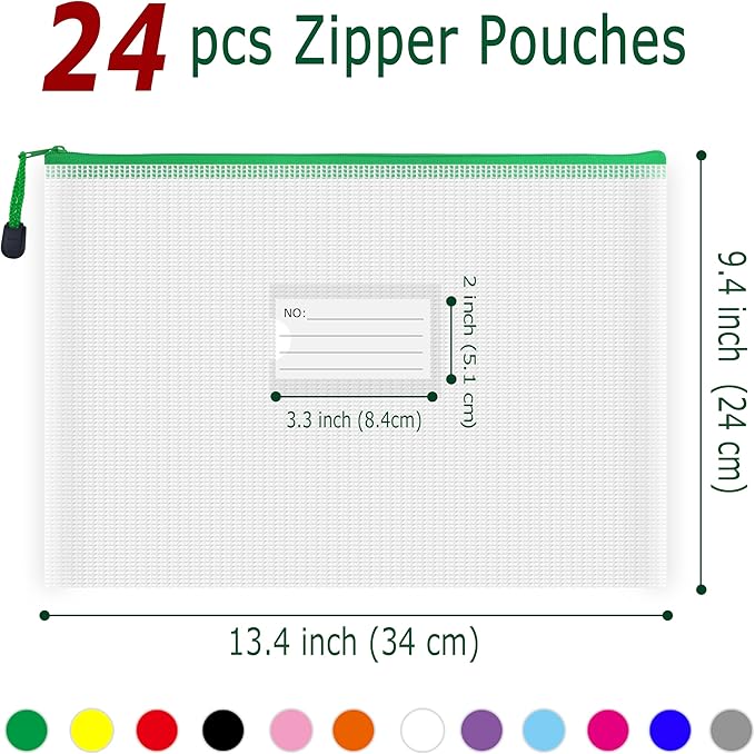 AUSTARK 24pcs Mesh Zipper Pouch Bags with Label, Multipurpose Waterproof Organization Storage Bag for Office School Home Travel (13.4''x9.4'', 12-Colors Zipper)
