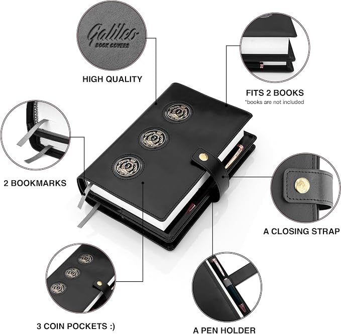 GALILEO® 3-Coin Pocket Double AA Book Cover | Showcase Your Journey | 12 Steps & 12 Traditions | PU Leather Coin Holder | AA Gift | Alcoholics Anonymous (Pure Black/ 3 Medallion Pockets)