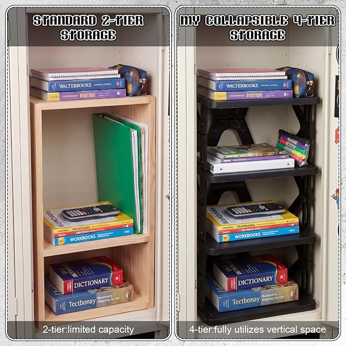 Lineshading 4 Tier Foldable Locker Organizer Shelf Foldable Storage Shelves Locker for School, Office, Gym Lockers, Dorm Room, Multi-Layer Shoe Gear Tower, Heavy-Duty No-Tool Portable Shelf(Black)
