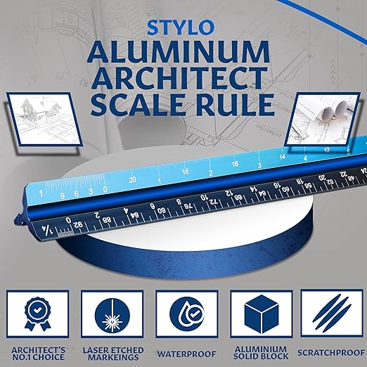 12" Aluminum Architect Scale Ruler Laser Etched Triangle Drafting Ruler, Color Coded Grooves for Blueprint, Drafting and Drawing, Architectural Scale Ruler for Blueprints (Light Blue, Imperial Units)