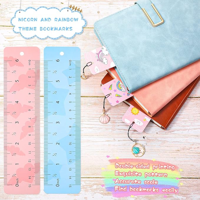 Outus 12 Pieces Unicorn and Rainbow Theme Bookmarks with 12 Pieces Metal Charms Inspirational Quotes Book Marks Unicorn Page Markers for Reading Teens and Adults