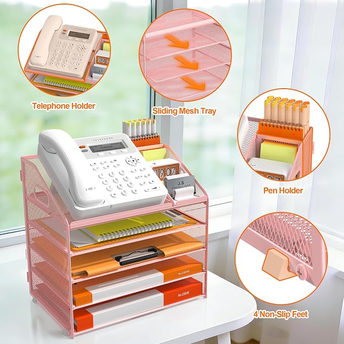 DocNest 5 Tier Metal Mesh Letter Tray - Space Saving Desk File Organizer with Handle, Pen Holder & Folder Holder - Desktop Document Sorter for Office, Home, School, Classroom - Pink