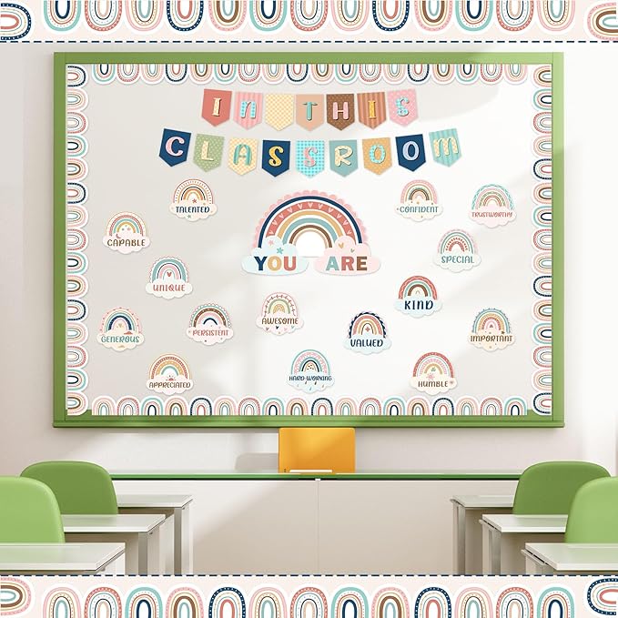 Dispowreath 51 Pcs Boho Inspirational Bulletin Board Set Rainbow Bulletin Board Border Boho Motivational Cutouts for Back to School Chalkboard Wall Classroom Decoration