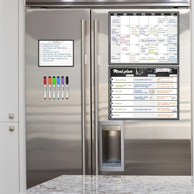 JJPRO Magnetic Monthly Calendar and Meal Planning Board Set for Fridge-Dry Erase Monthly Calendar for Refrigerator, Menu Whiteboard -Bonus to-do Notepad