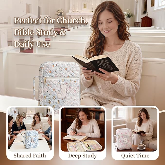Personalized Initial Bible Cover Case for Women – Large Quilted Bible Bag with Handle, Chenille Letter, Bible Study Kit, Christian Gift for Mom, Grandma & Daughter (Patchwork Floral-J)