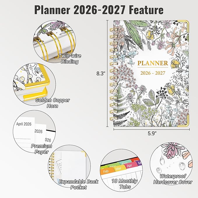 Daily Planner 2026-2027, 18 Month Planner with Tabs, January 2026 - June 2027 Weekly and Monthly Academic Year Calendar Spiral Time Management, 100GSM Thick Paper, Twin-Wire Binding, A5 Size, Multicolor