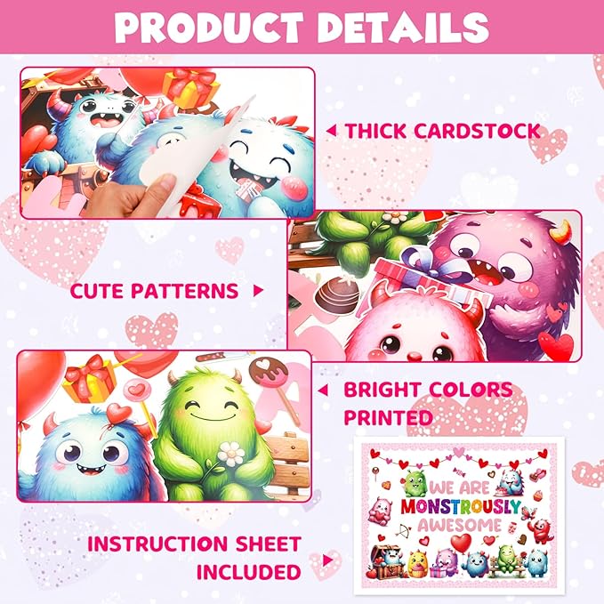 Fancy Land Valentine's Day Monster Bulletin Board Set for Classroom Decorations Valentine Monster Heart Cutouts for School Chalkboard Home Office Party Wall Door Decor Supplies 98Pcs