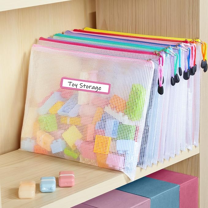 Sooez 36 Pack Mesh Zipper Pouch with Sticky Labels, A4 Mesh Bags, Sturdy Letter Size File Folders Organizer, Office School Classroom Teacher Supplies, Toy Storage Bag Board Game Puzzles Organization