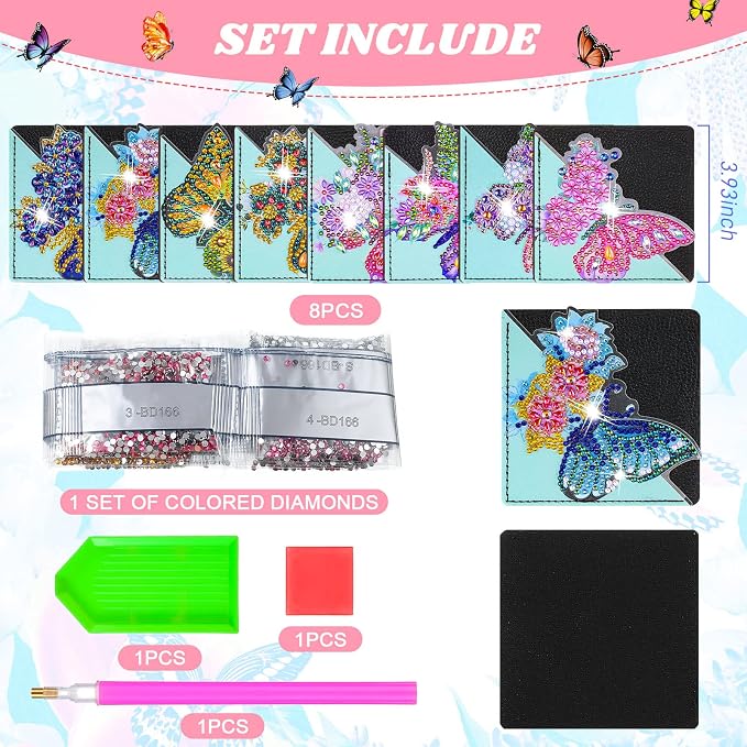 Ireer 8 Pcs Diamond Art Bookmark Kit Butterfly Diamond Painting Bookmark DIY Corner Book Marks for Kid Adult Book Lover Graduation Birthday Wedding Crafts Supplies, 8 Styles