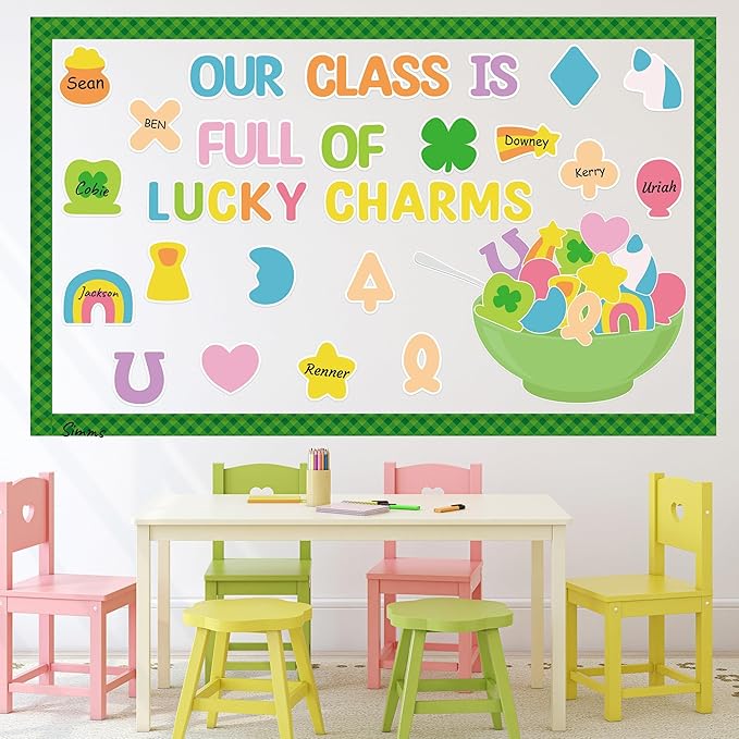 127Pcs St. Patrick's Day Bulletin Board Classroom Decoration Lucky Charms Cutouts Shamrock Clover Name Tags Green Plaid Border Trim School Classroom Party Supplies Chalkboard Wall Door Decor