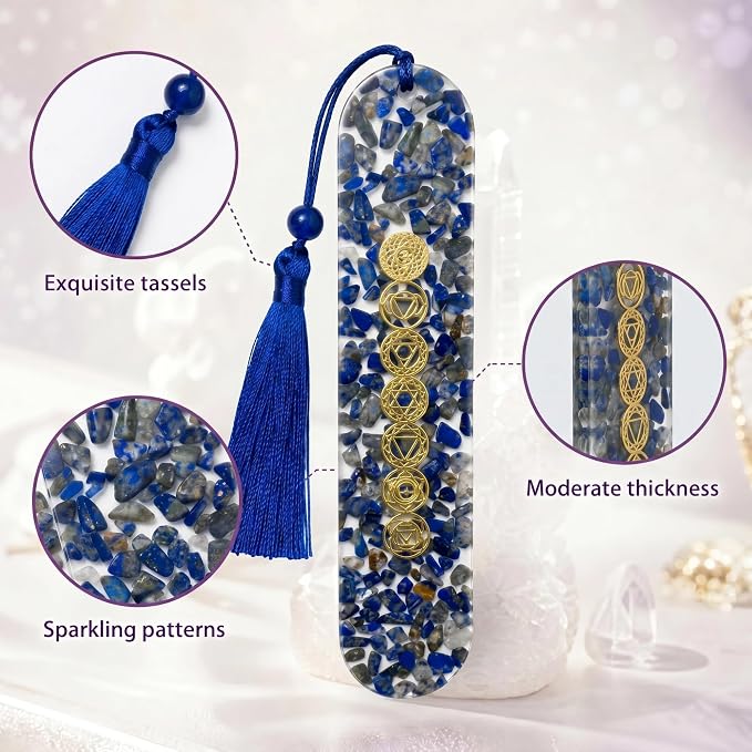 Fantasy Vintage Bookmark Gifts - Lapis Lazuli 7 Chakra Healing Crystals Resin Bookmarks for Women Men Book Lovers Beaded Tassels Page Marks Reading Accessories Bookish Birthday Graduation Gift