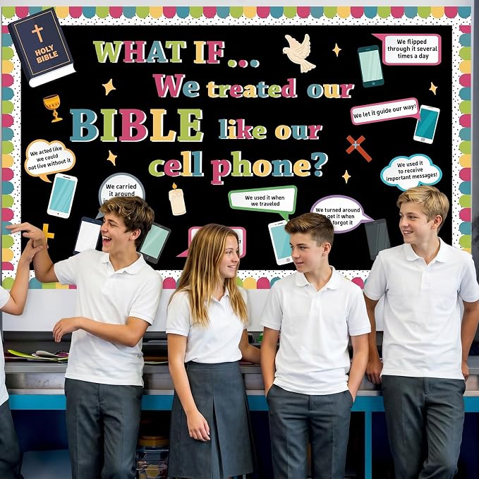 Religious Bible Bulletin Board Set Jesus Sunday School Classroom Decoration Christian Cell Phone Bulletin Board Inspirational Religious Bible Cell Phone Cutouts for VBS Church Chalkboard Wall Decor