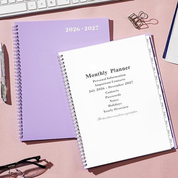 2026-2027 Monthly Planner - Monthly Planner/Calendar, 18 Month Planners with Tabs & Pocket, Contacts and Passwords, Thick Paper, Twin-Wire Binding - Purple (9" x 11")