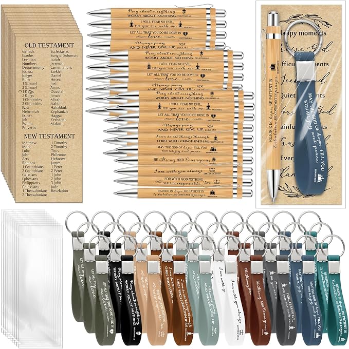 Gueevin 30 Sets Christian Party Favors Gift Bulk Church Father's Day Sunday School Teacher Graduation Bible Verse Bamboo Pen Prayer Religious Bookmarks Scripture Silicone Keychain (Inspirational)