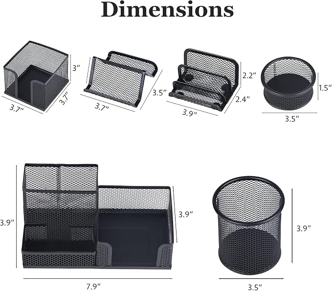 Desk Organizers set with Mesh Pen Holder Cup, 3 Compartments Black Office Supply Organizer Paper Clips Holder for Office Desk Accessories (6 Piece set, Black)
